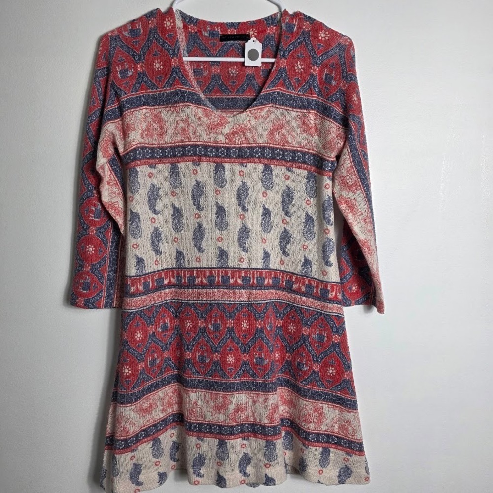 Nally & Millie USA Sweater Dress Small Red Blue Paisley Print Knit Boho Bohemian